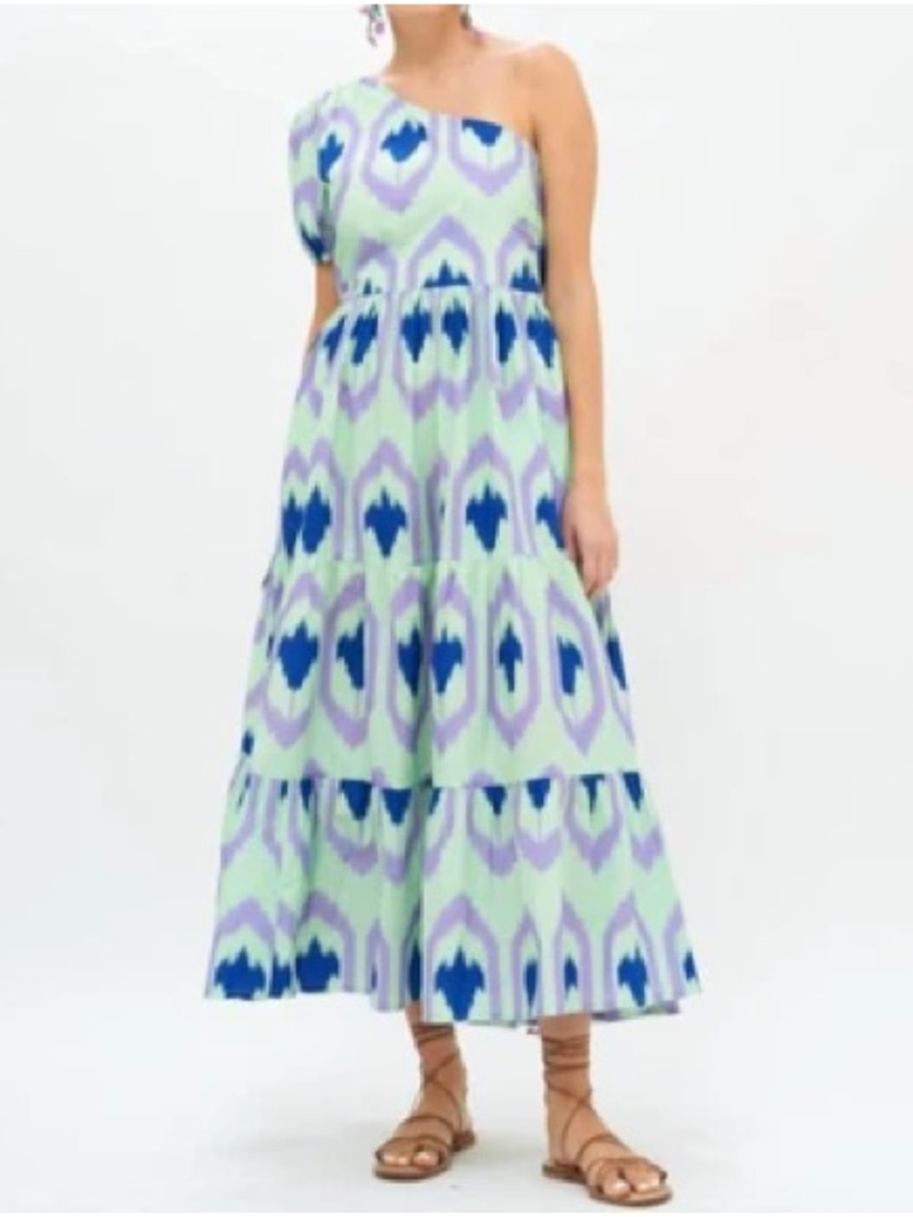 Oliphant One Shoulder Ikat Print Tiered Maxi Dress 100% Cotton Size M